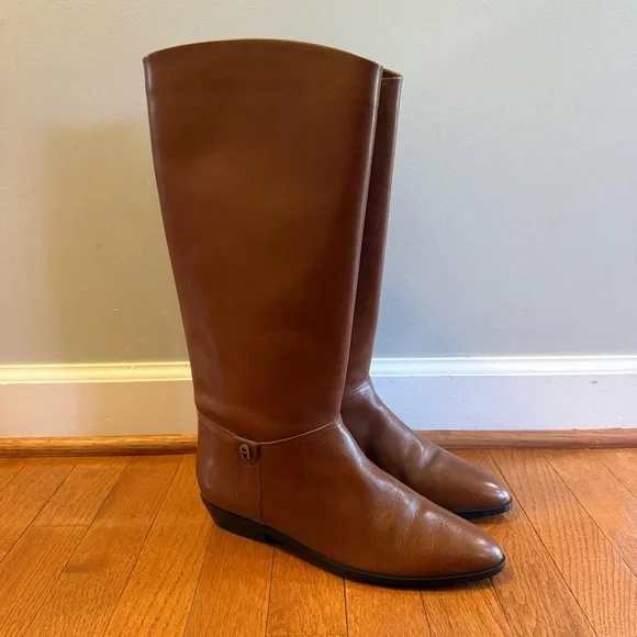 Etienne Aigner Riding Boots Womens 9N Leather Tall Knee High Brown Cognac  Narrow